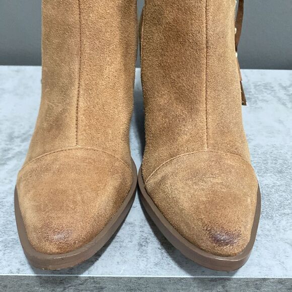 Fergie Bennie Tan/Brown Suede Leather Fringe Beaded Ankle Boots/Booties Size 6.5 - Picture 5 of 16